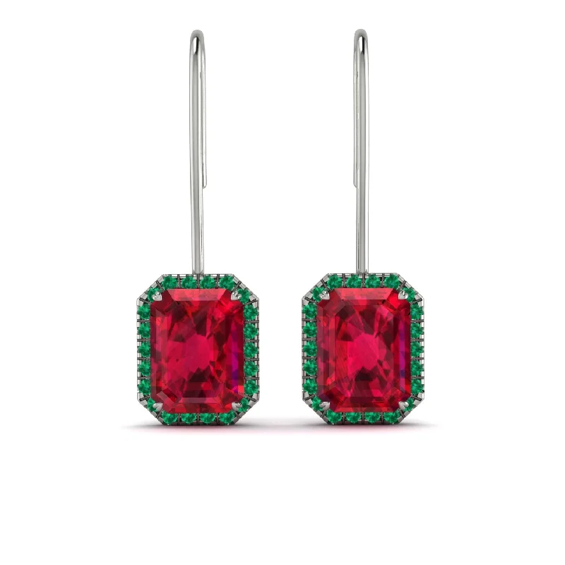 clip-on earrings for women-Halo Emerald Cut Ruby Earrings - Izabella No. 27