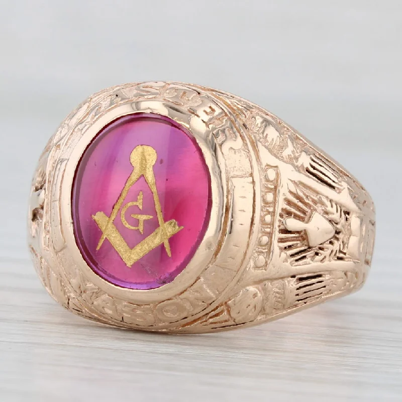 bridal sets engagement rings for women-Vintage Masonic Signet Ring 10k Gold Lab Created Ruby Square Compass Blue Lodge