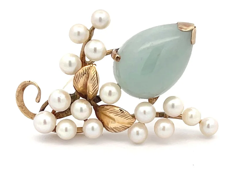 brooches for jackets-Mings Jade and Pearls Leaf Branch Brooch in 14k Yellow Gold