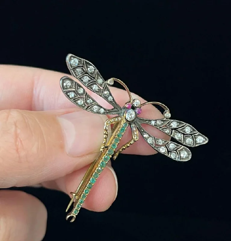 colorful gemstone brooches for women-Edwardian Diamond, Ruby and Emerald Dragonfly Brooch