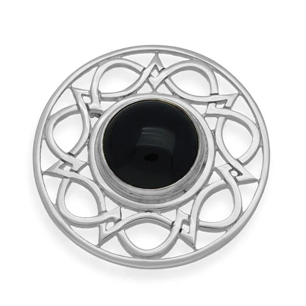 butterfly brooches for women-Onyx Celtic Interweave Wave Knotwork Brooch in Sterling Silver