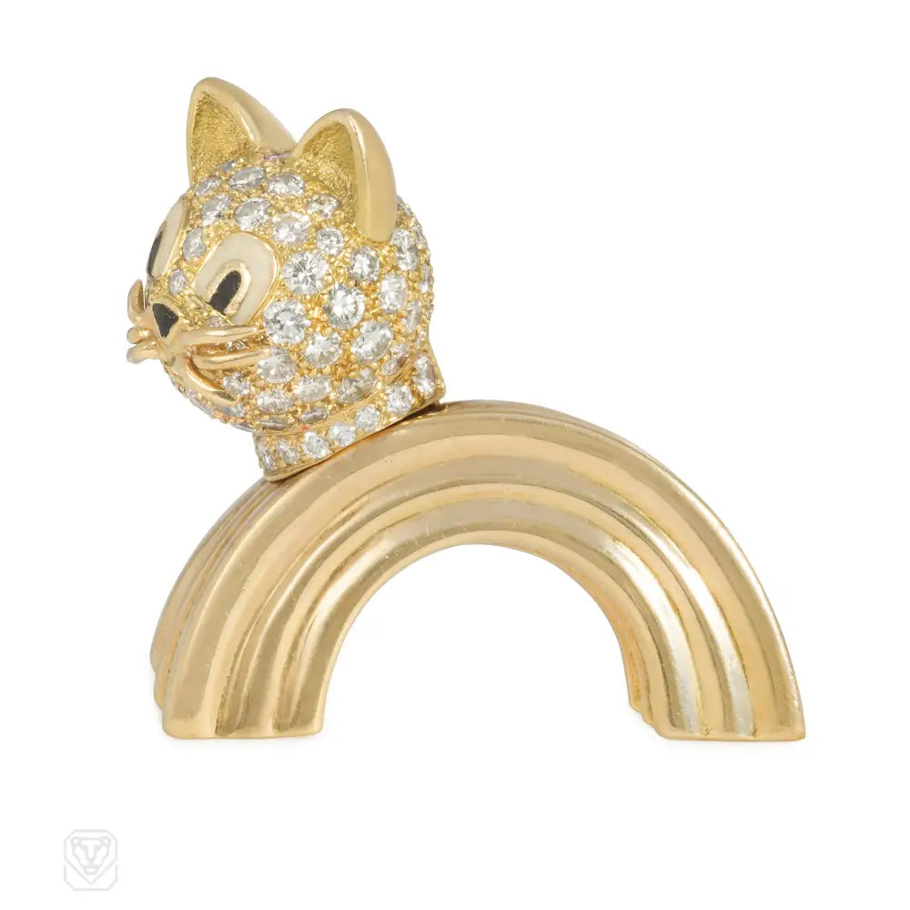 colorful enamel brooches for women-1960s Boucheron diamond and gold cat brooch