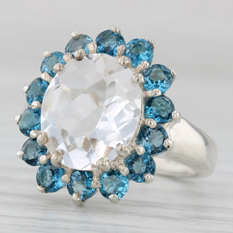 hand-crafted engagement rings for women-Quartz Blue Topaz Halo Ring Sterling Silver Size 6 Statement Cocktail