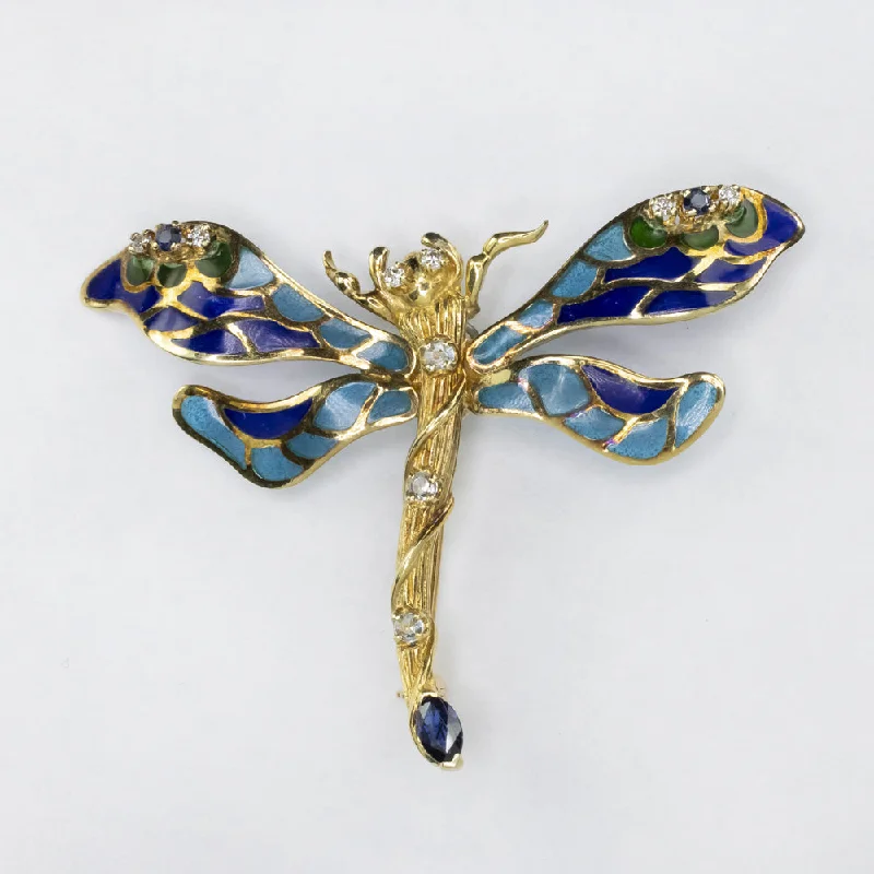 chic brooches for women-VINTAGE DIAMOND SAPPHIRE ENAMEL DRAGONFLY PIN 14k YELLOW GOLD BROOCH PENDANT