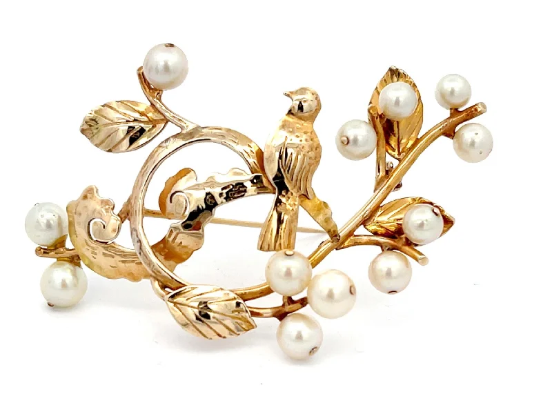 retro brooches for women-Mings Bird on a Blossom Large Brooch with Pearls in 14k Yellow Gold