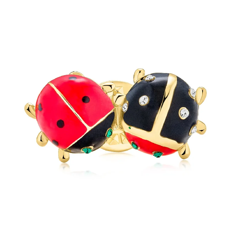 retro brooches for women-Lucky Ladybug Brooche Pin Red Black Gold Enamel with Green Eye Crystal Design