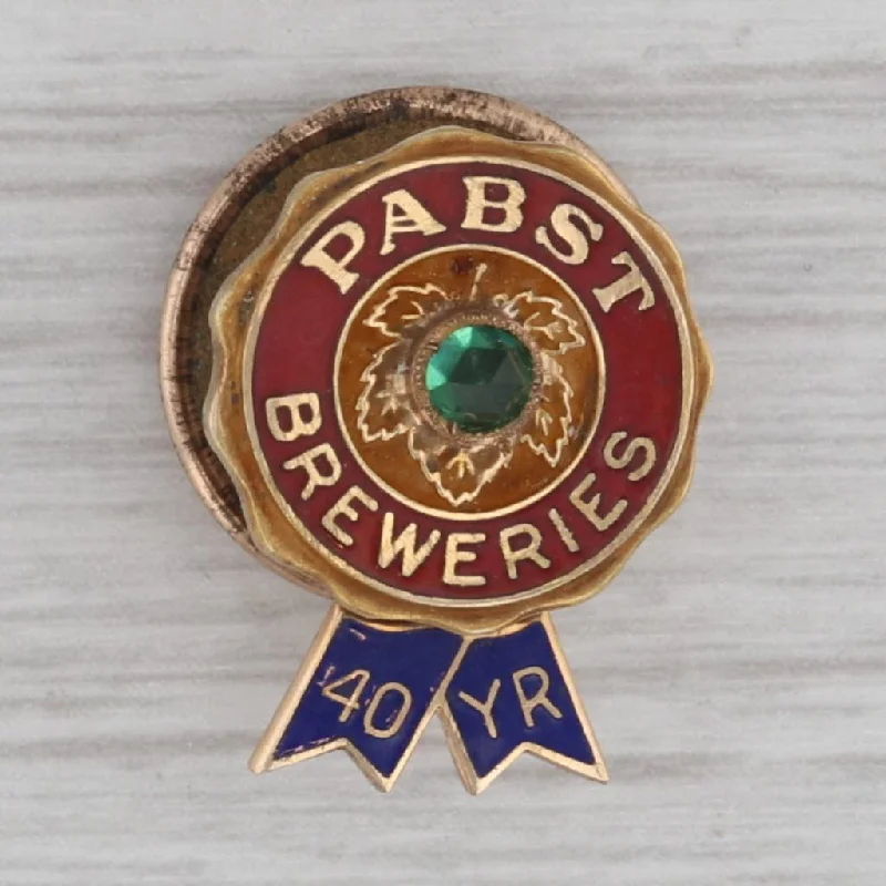 elegant platinum engagement rings for women-Vintage Pabst Blue Ribbon 40 Year Service Pin 14k Gold Enamel Green Glass Lapel