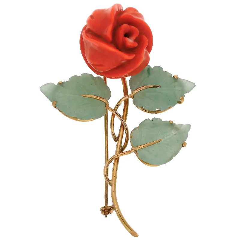 geometric enamel brooches for women-18K Yellow Gold Coral Flower with Jade Leaves Pin/Brooch