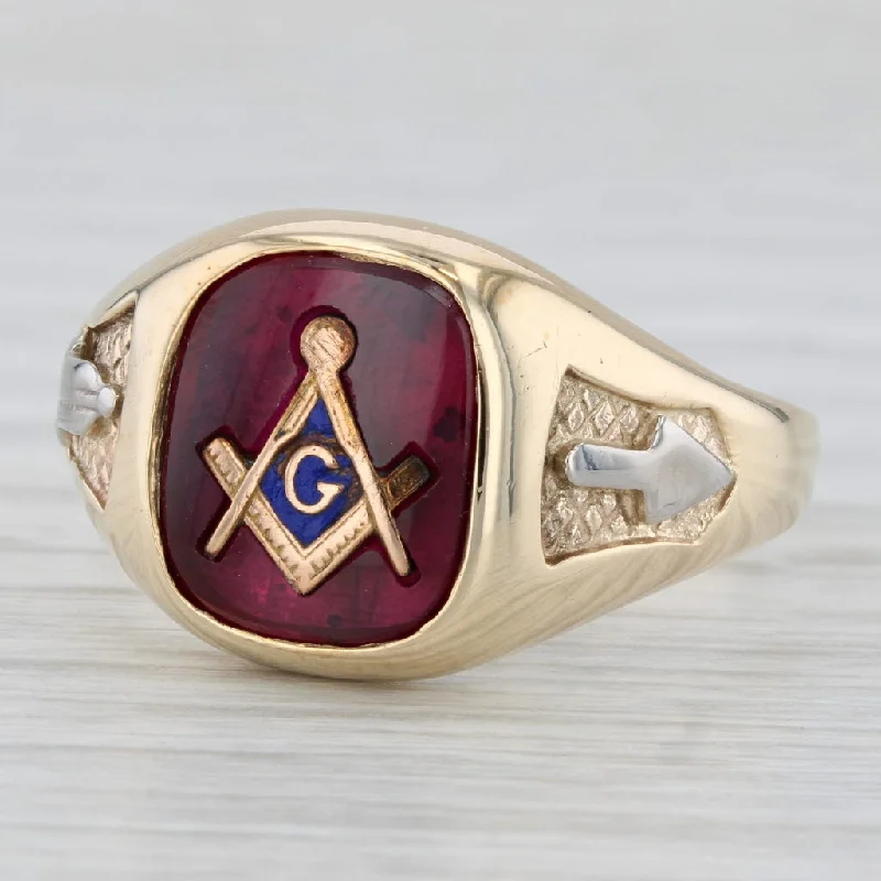 engagement rings for proposal-Masonic Square Compass Signet Ring 10k Gold Lab Created Ruby Vintage Blue Lodge