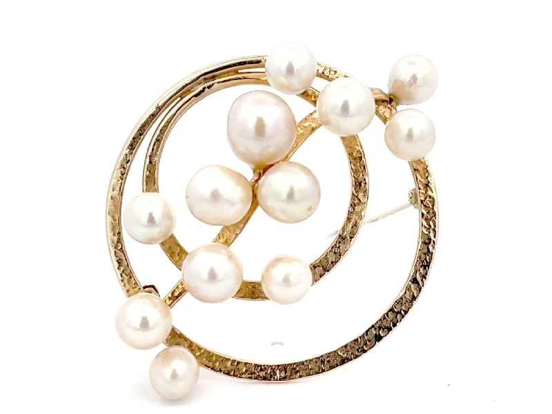 elegant pearl brooches for women-Mings Pearl Circle Brooch in 14k Yellow Gold