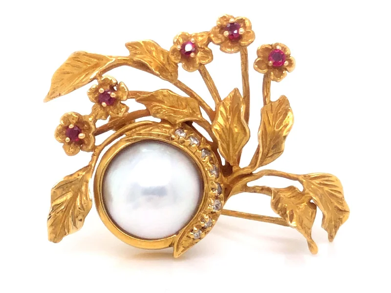 stylish brooches for women-Vintage Givenchy Diamond, Ruby and Mabe Pearl Brooch in 14k Yellow Gold