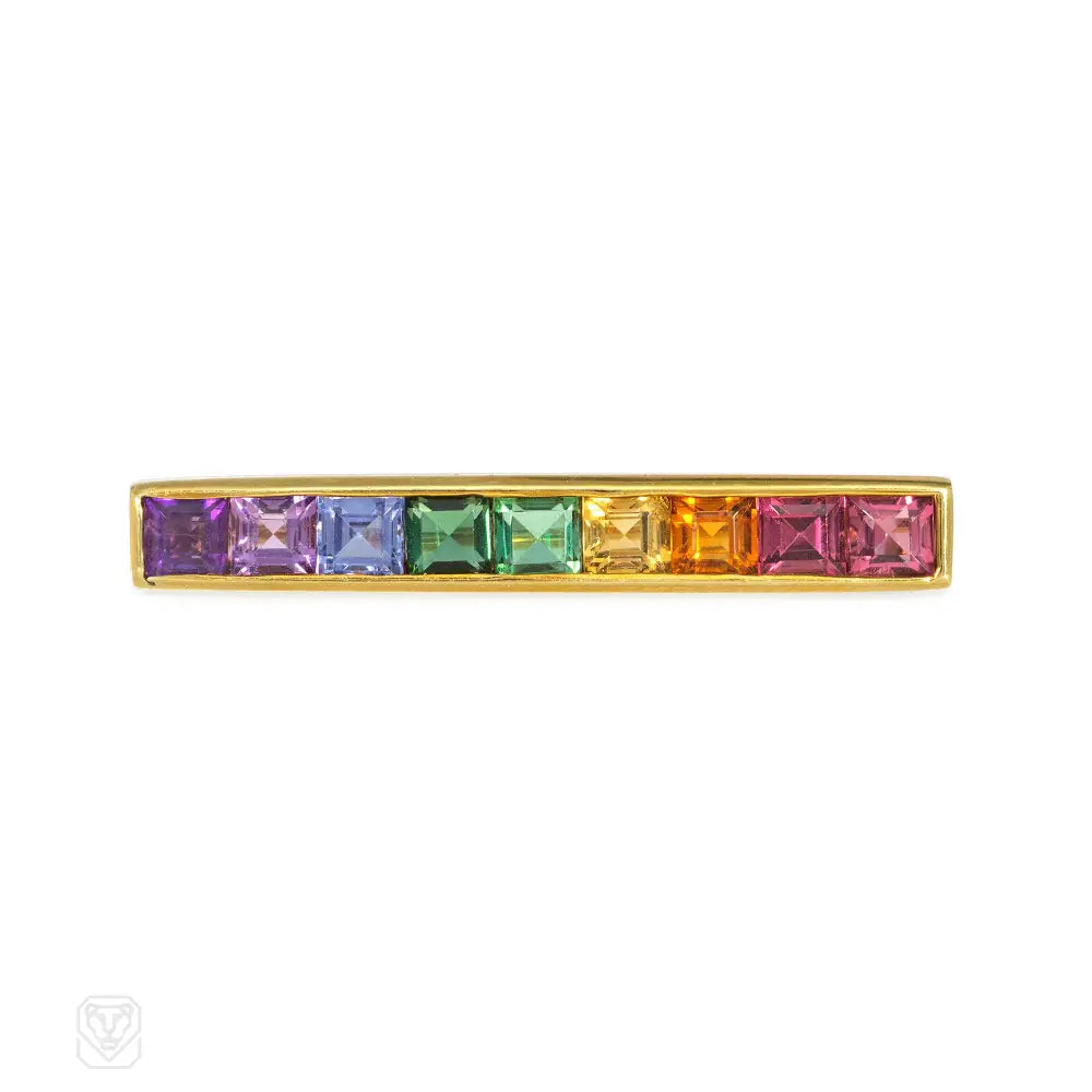 luxury gold brooches for women-Chalson gold "rainbow" gemstone bar brooch