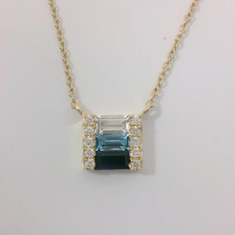 silver pendant necklaces for women-14K Yellow Gold Baguette Blue and White Topaz, Baguette Sapphire, and Diamond Accent Pendant