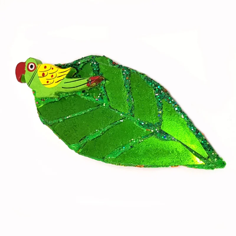 simple brooches for women-PETAL - GREEN LEAF AND PARROT BROOCH