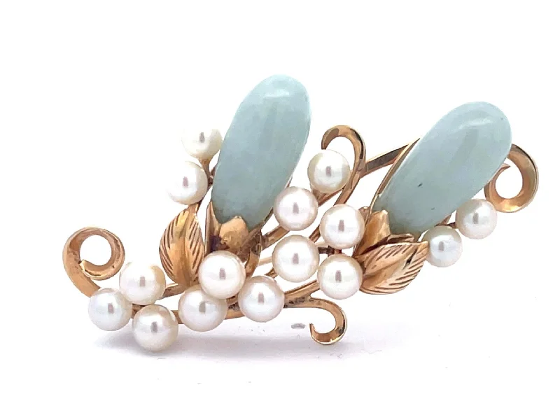 romantic brooches for women-Mings Oval Jade Leaf and Pearl Brooch in 14k Yellow Gold