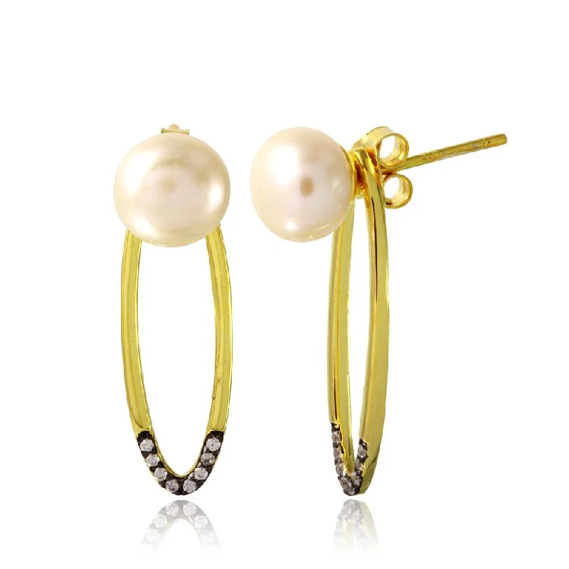 large hoop earrings for women-Gold Plated 925 Sterling Silver Fresh Water Pearl with Hanging Open Oval CZ - BGE00549