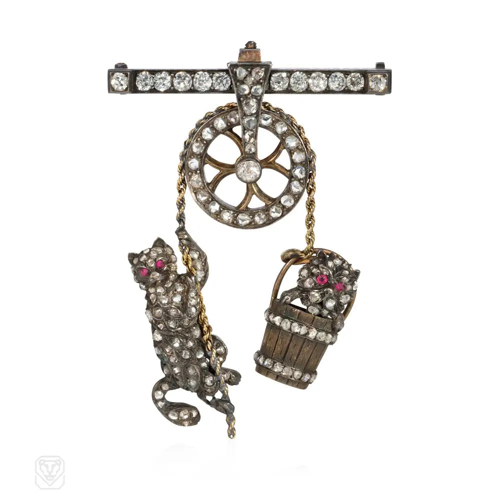 romantic brooches for women-Antique diamond pulley brooch depicting a cat and a dog in a bucket