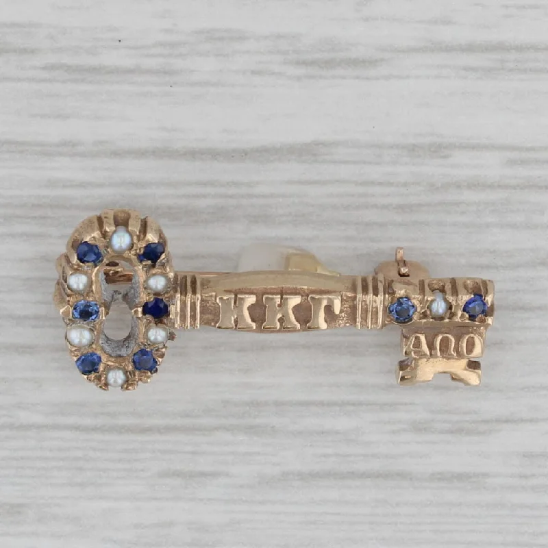 eco-friendly engagement rings for women-Kappa Kappa Gamma Key Sorority Pin 10k Gold Pearl Lab Created Sapphire Badge