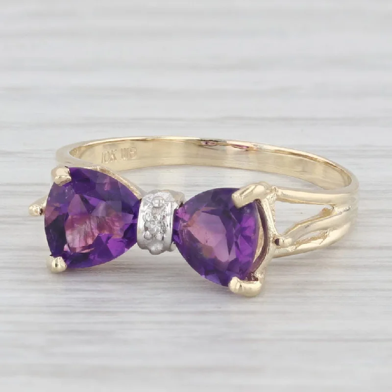 vintage engagement rings with diamonds for women-1.30 ctw Amethyst Diamond Bow 10K Yellow Gold Size 7 Ring