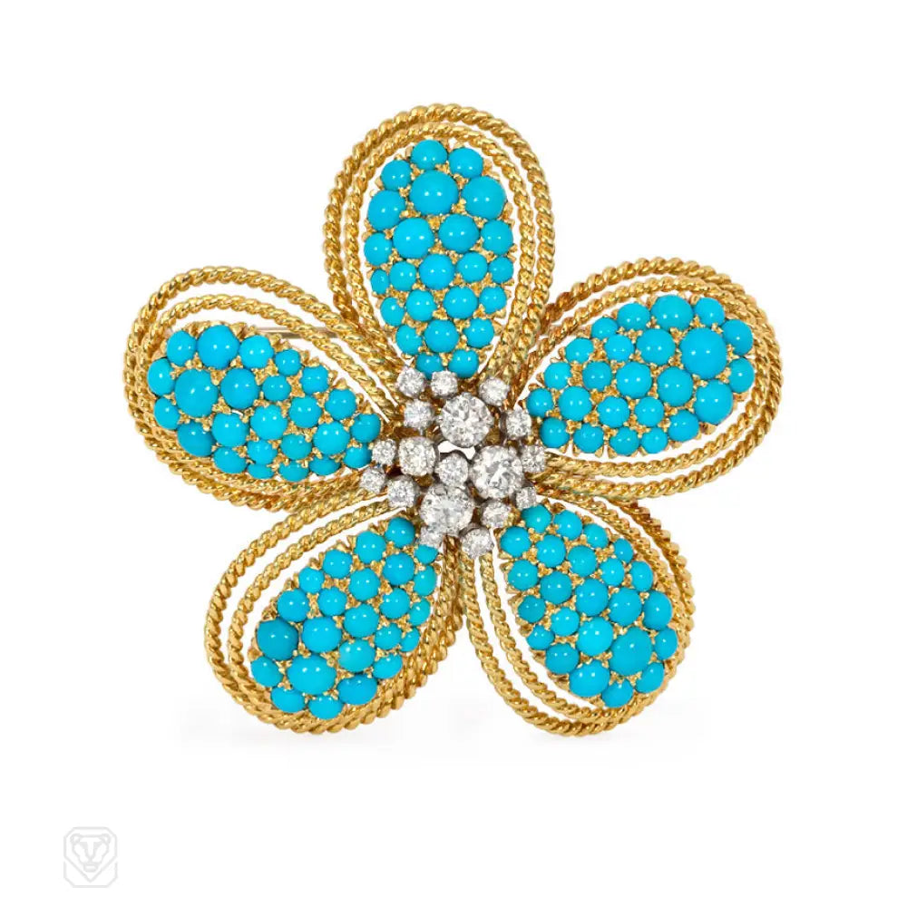 cocktail brooches for women-Turquoise and diamond flower brooch pendant