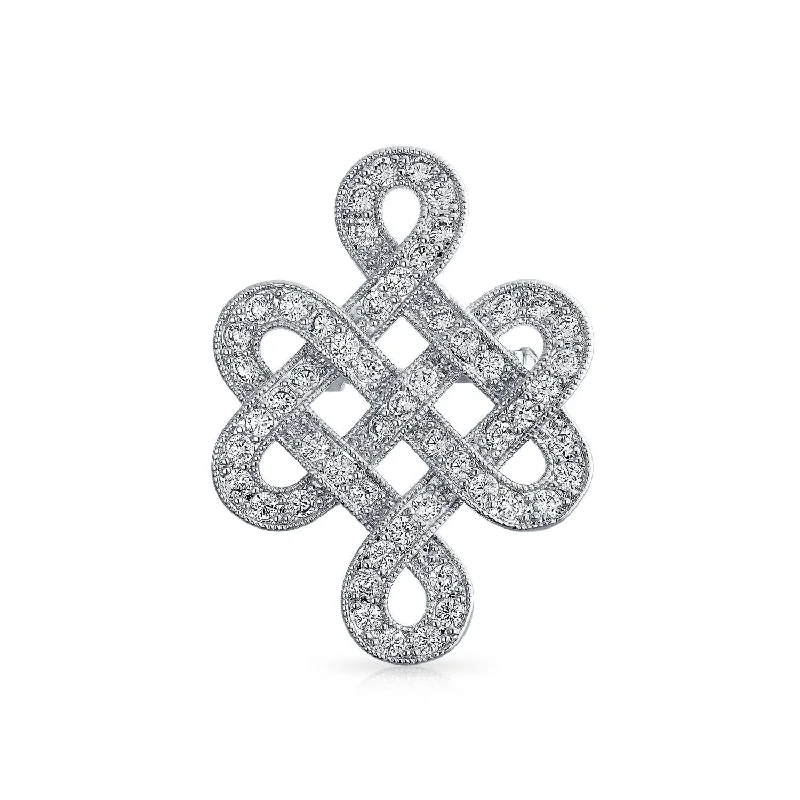 Christmas brooches for women-Eternal Celtic Love Knot Brooche Pin with Cubic Zirconia Rhodium Plated 1.2 Inch