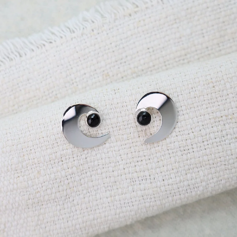 geometric stud earrings for women-Swirl Post Earrings with Onyx Cabochon