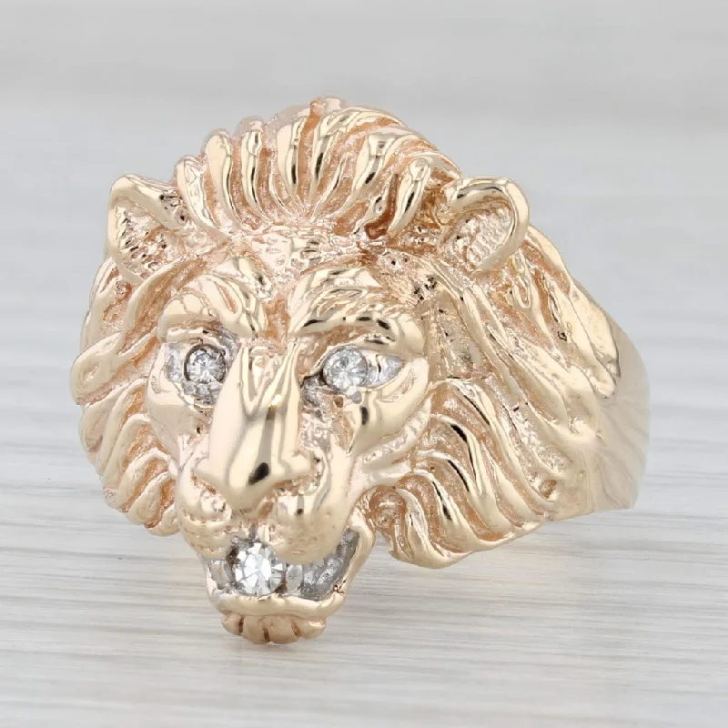 white diamond engagement rings for women-Diamond Lion Statement Ring 10k Yellow Gold Size 10.5