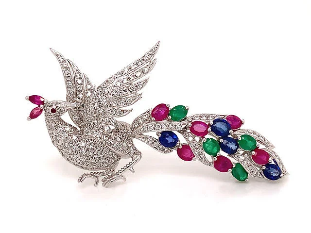 floral brooches for women-Peacock Diamond Ruby Sapphire & Emerald Brooch in 18k White Gold