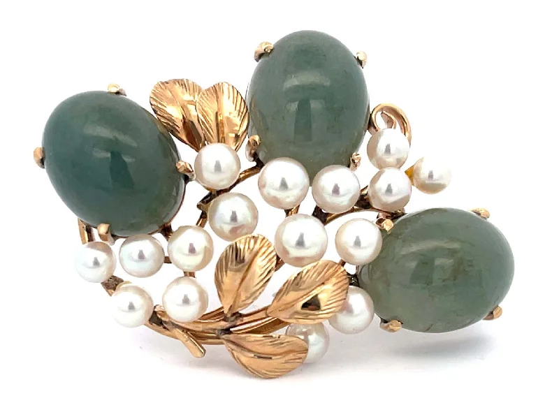 jeweled brooches for women-Mings Jade and Pearl Leaf Brooch in 14k Yellow Gold