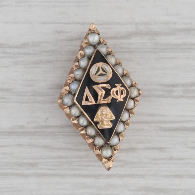 bridal engagement rings for women-Delta Sigma Phi fraternity Badge 10k Gold Pearl 1920s Pharaoh Fraternity Pin