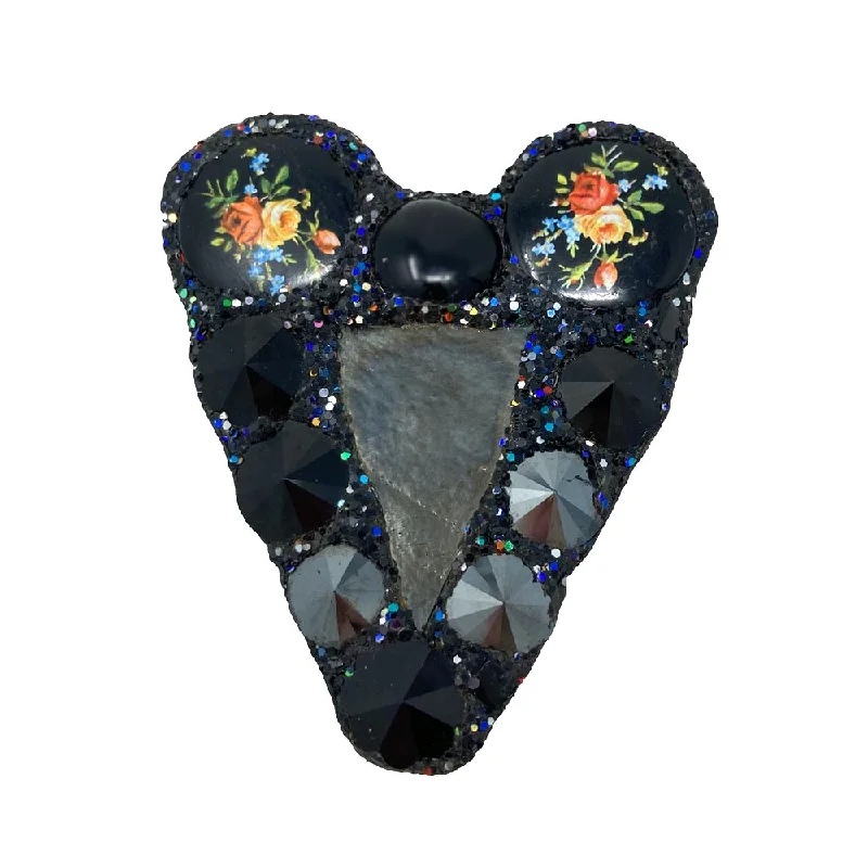 statement animal brooches for women-BLACK HEART BROOCH WITH PAINTED FLOWER BEADS