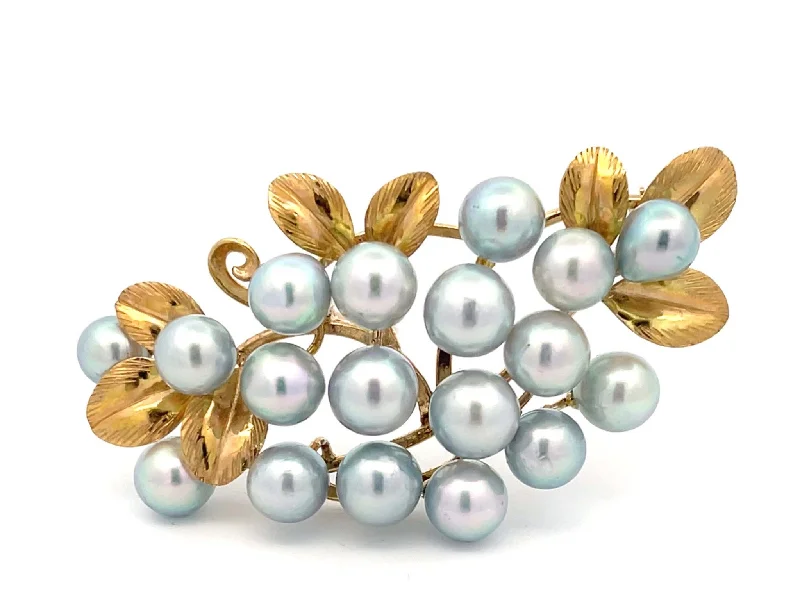 luxury gold brooches for women-Mings Baroque Pearl and Leaf Brooch in 14k Yellow Gold