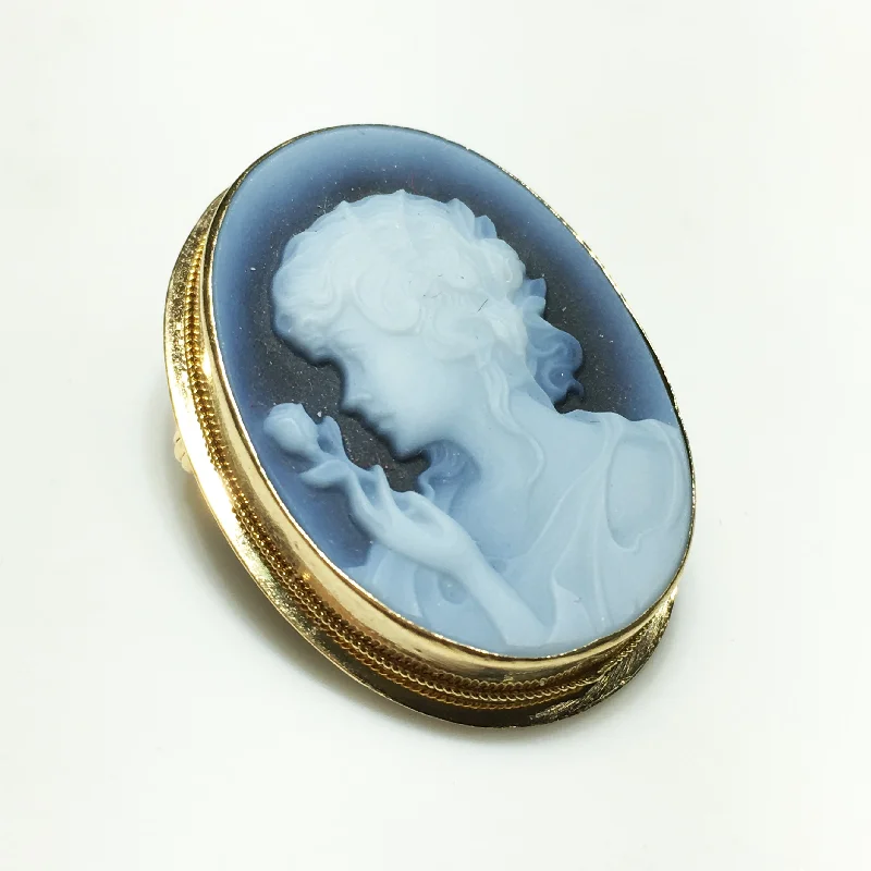 crystal brooches for women-Azure Agate Cameo Brooch/Pendant (14K)