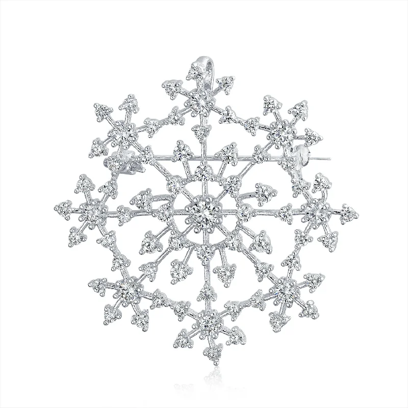 elegant jewel brooches for women-Large CZ Pave Snowflake Brooch Pin Silver Plated Brass Winter Holiday Scarf