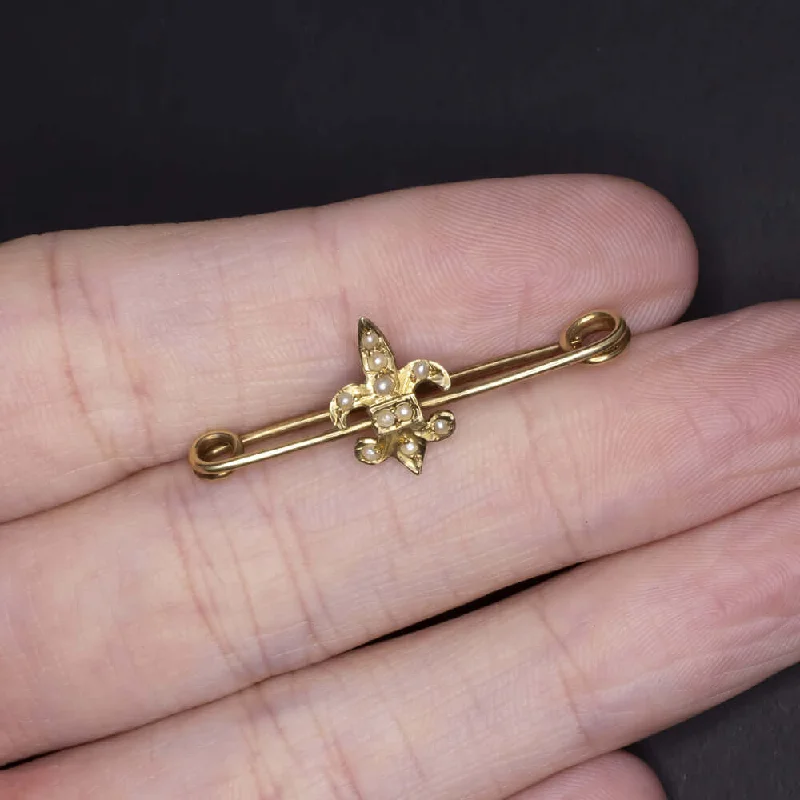 diamond brooches for women-ANTIQUE SOLID 14K YELLOW GOLD SEED PEARL PIN FLEUR DE LIS BROOCH ESTATE