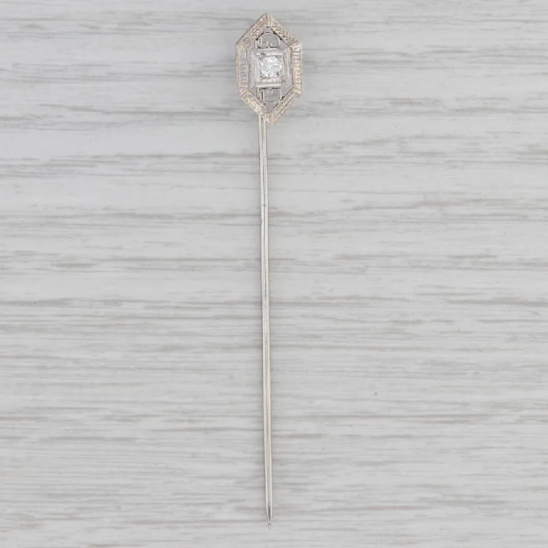 unique halo engagement rings for women-Antique Diamond Stickpin 14k White Gold Filigree Pin