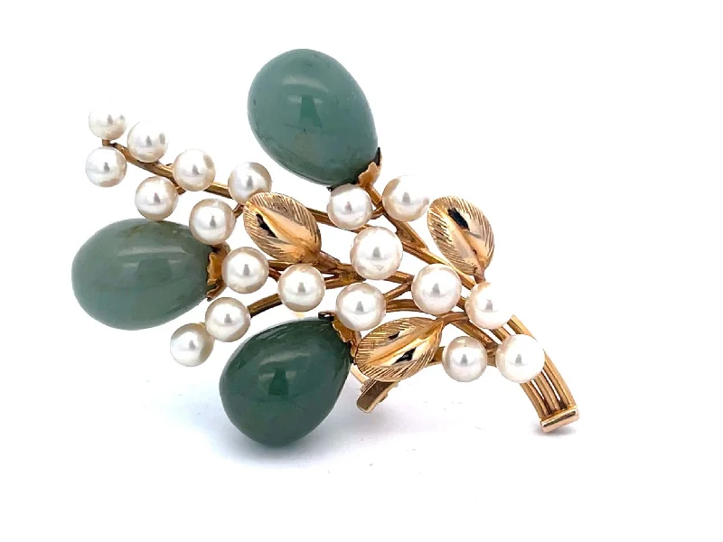 quirky brooches for women-Mings Oval Jade Droplets Leaf and Pearl Brooch in 14k Yellow Gold