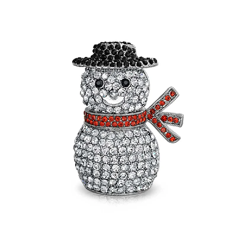 gold brooches for women-Winter Holiday White Glitter Crystal Snowman Scarf Brooche Pin Silver Plated