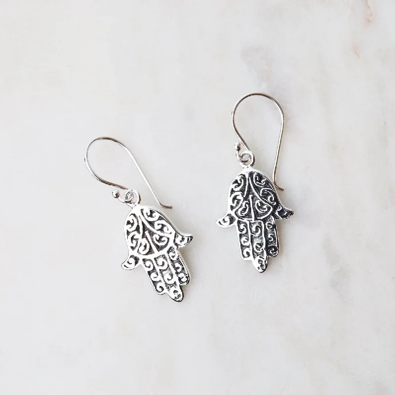 silver drop earrings for women-Sterling Silver Hamsa Earrings