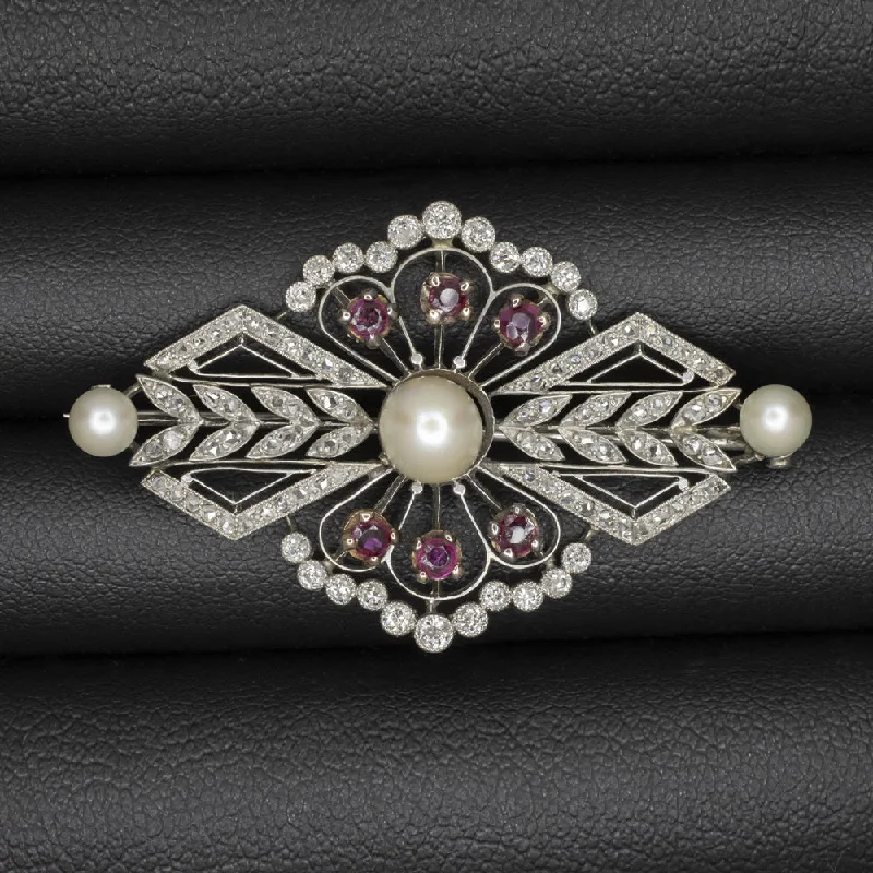 butterfly brooches for women-1.90ct VINTAGE DIAMOND PEARL RUBY PIN PLATINUM ART DECO PENDANT NATURAL BROOCH