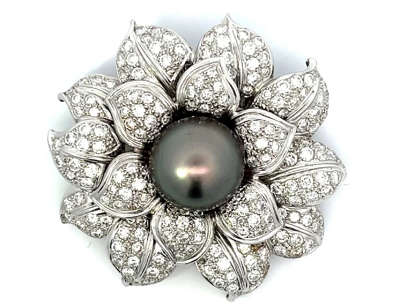 geometric pin brooches for women-Large Diamond and Tahitian Pearl Flower Brooch in 18k White Gold