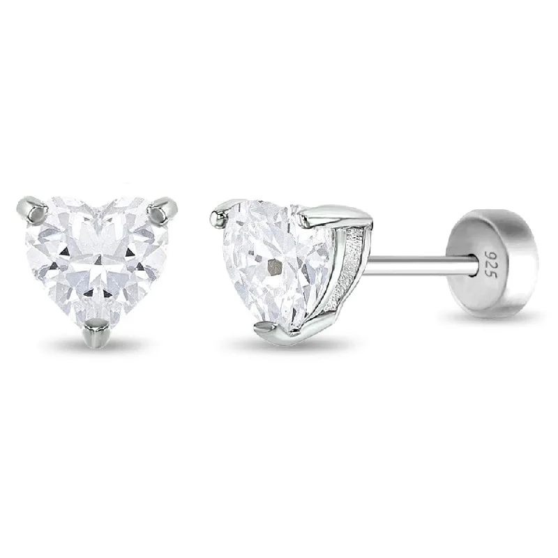 statement stud earrings for women-Clear CZ Heart Solitaire Children Earrings - Screw Back