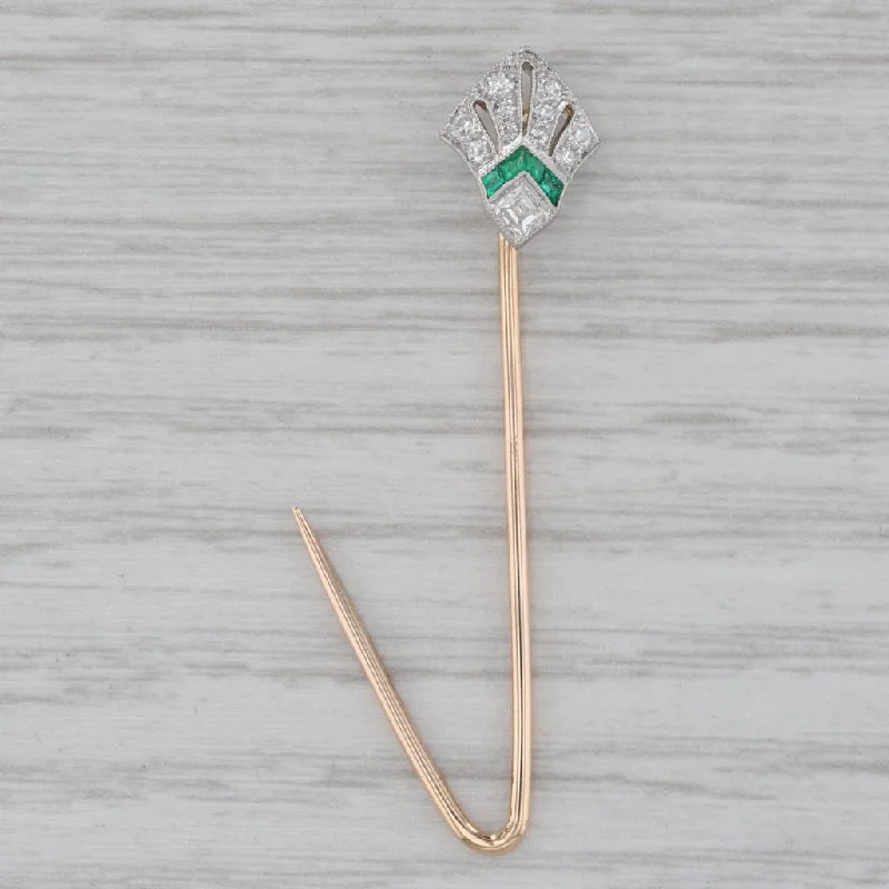 eco-conscious engagement rings for women-Art Deco 0.25ctw Emerald Diamond Stickpin 14K Gold Platinum