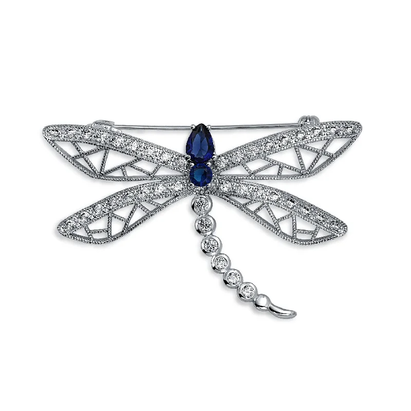 stylish brooches for women-Vintage Style Sapphire Blue CZ Butterfly Dragonfly Brooche Pin Silver Plated