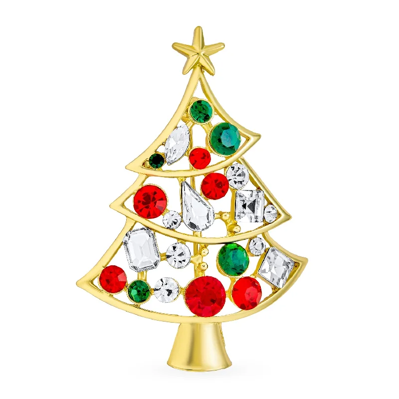 charming brooches for women-Sparkling Crystal Christmas Tree Brooche Pin Red Green White Gold Plated