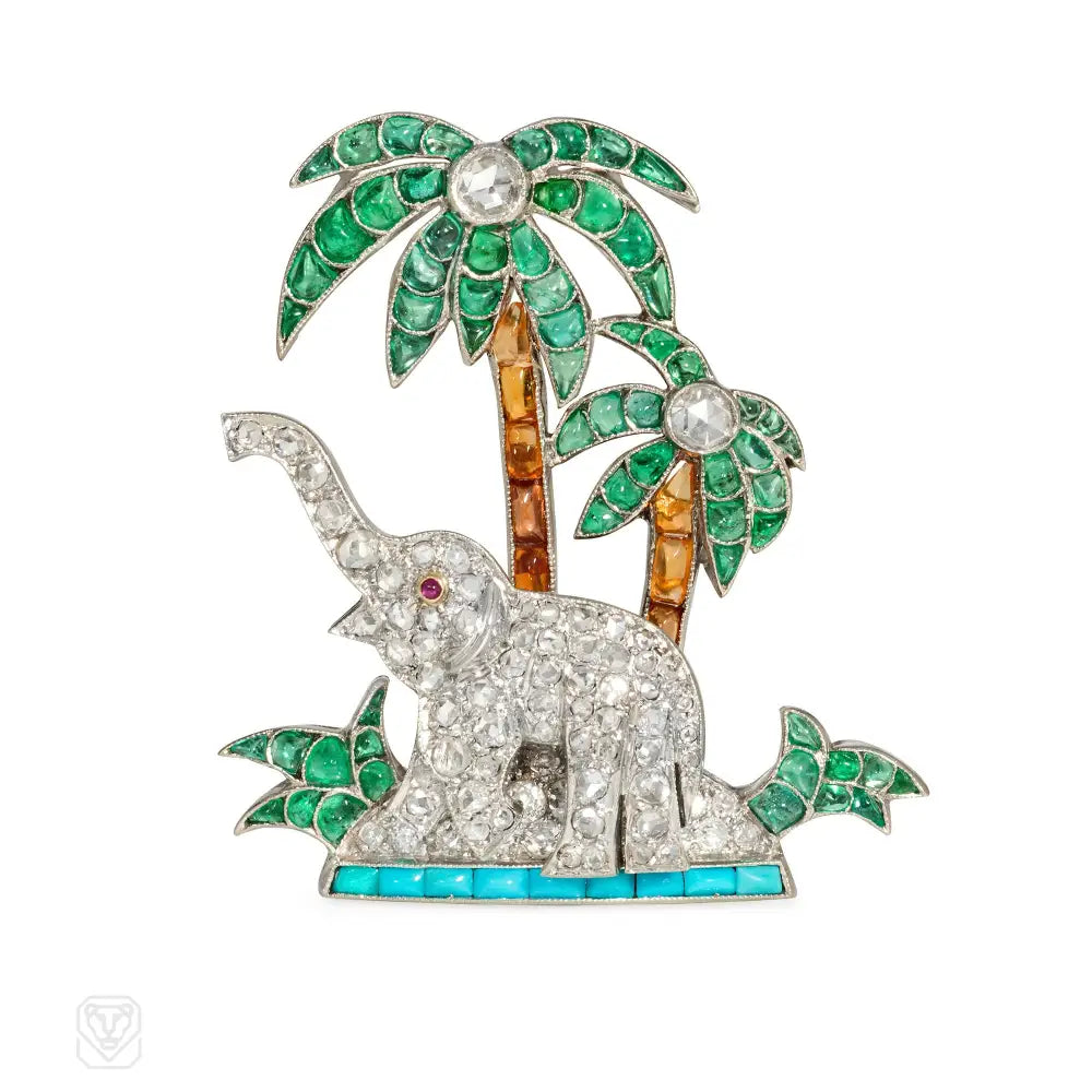 elegant brooches for women-Art Deco multi-gem elephant oasis brooch