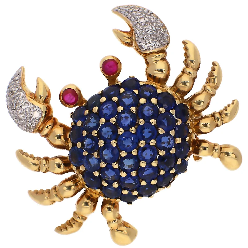 fashionable pin brooches for women-18K Yellow Gold Sapphire, Diamond, and Ruby Crab Pin/Brooch