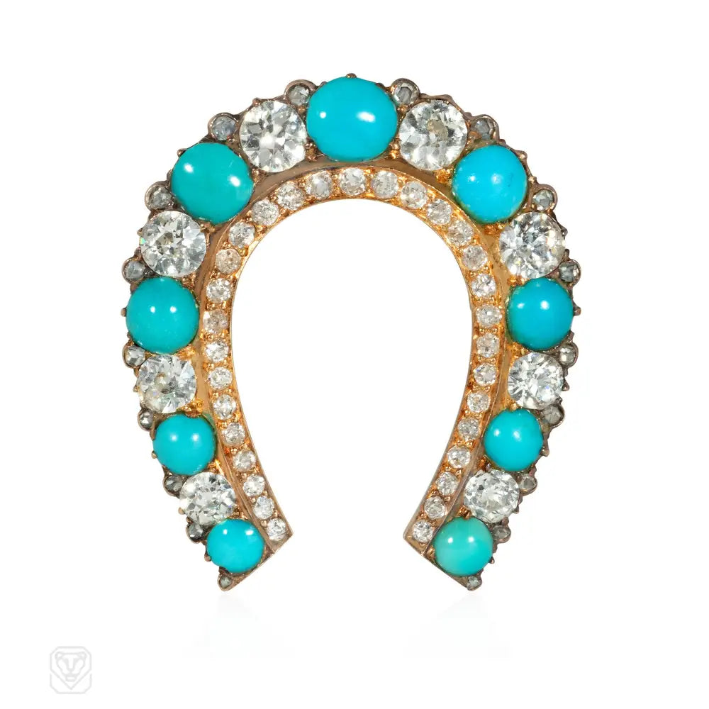 colorful brooches for women-Antique turquoise and diamond horseshoe brooch