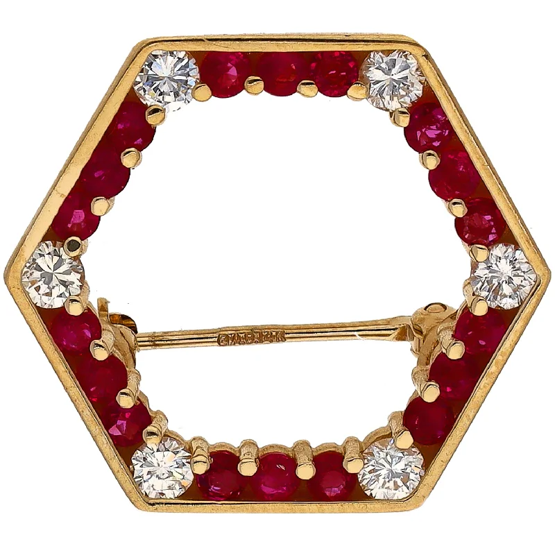 fashionable pearl brooches for women-14K Yellow Gold Ruby and Diamond Hexagon Pin/Brooch