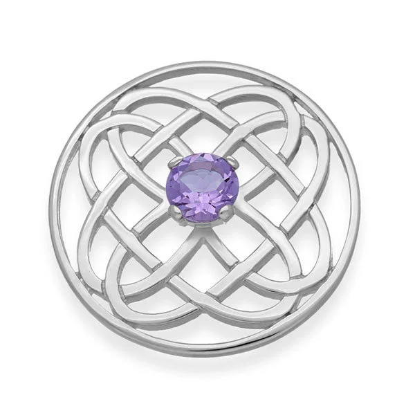 soft enamel brooches for women-Celtic Knot Work Silver Amethyst Eternal life Round Brooch